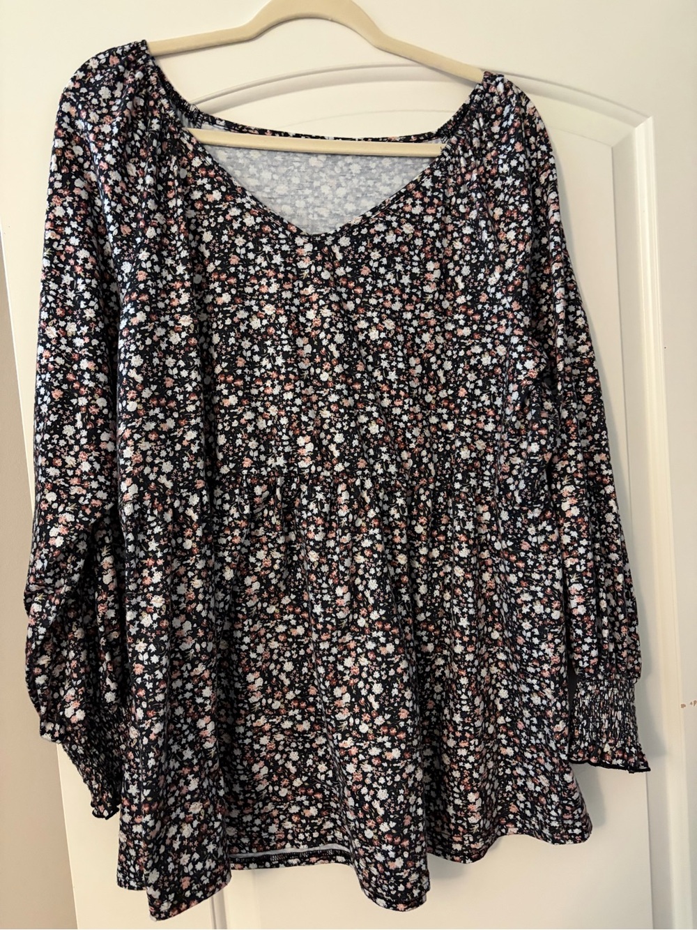 Amazon Women's Black Floral Peasant Tunic with Pink and White Flowers